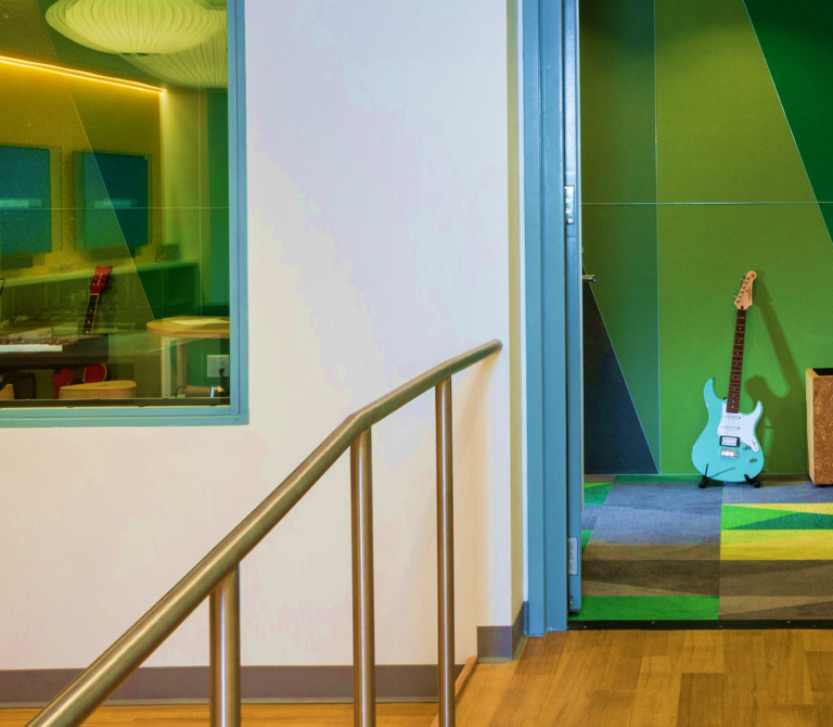 The steps to the all new music room in the Hangout Hub on the 2nd floor of the House